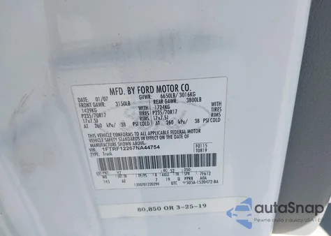 2007 Ford F-150 Stx/Xl/Xlt z USA, uszkodzony, nr VIN 1FTRF12267NA44754